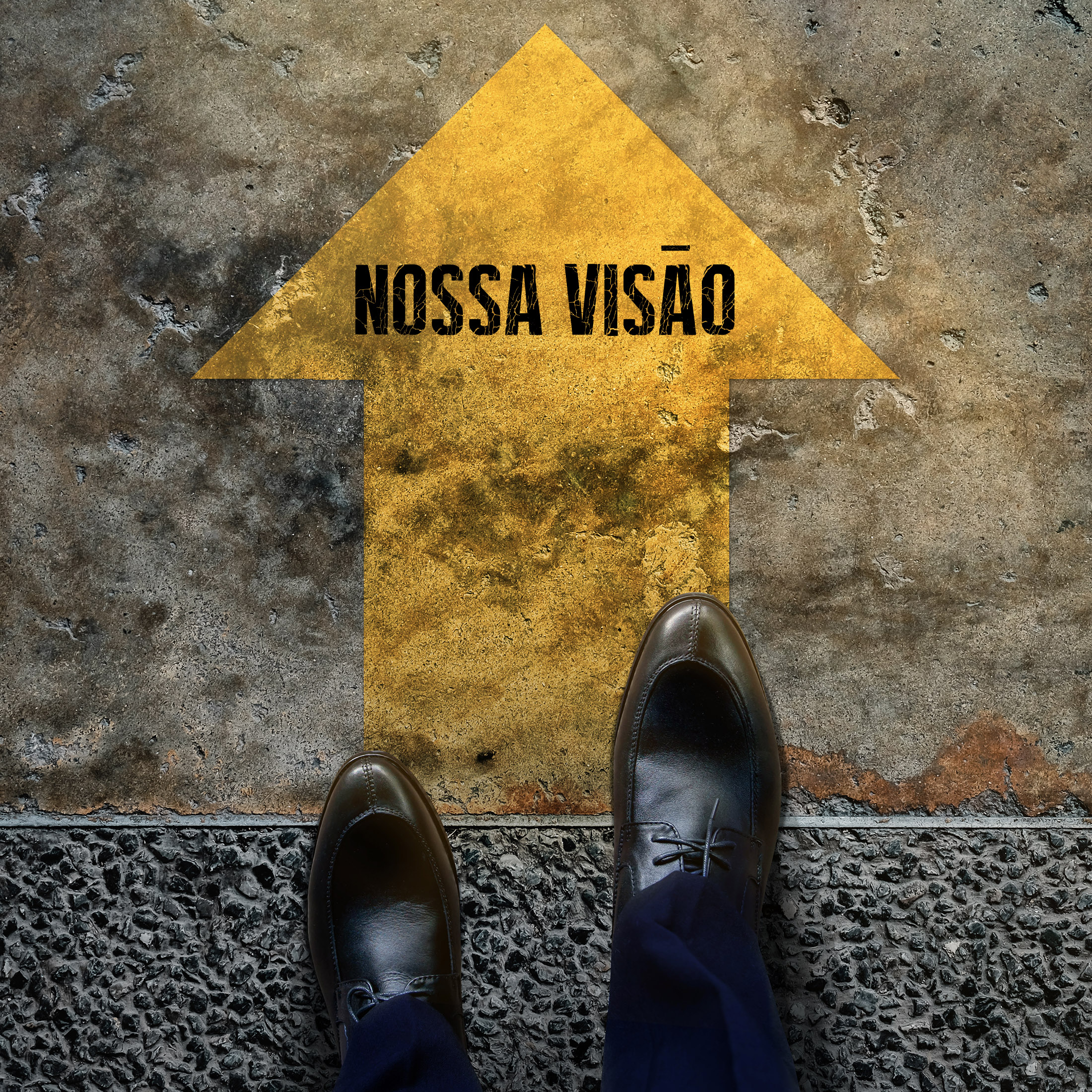 Start and Challenge Concept. a Business Man on Formal Shoes Steps to Follow a Yellow Arrow, Get Ready to Moving Forward or take a Chance to Success. Top View